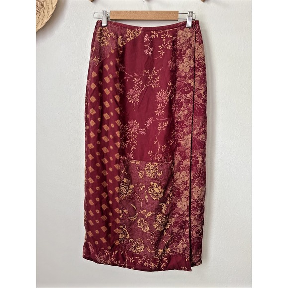 Vtg Laura Ashley silk wrap skirt red gold floral midi Asian sz 8 - Picture 1 of 7